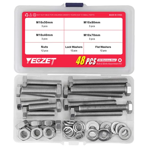 Vista 3 de YEEZET Juego de 12 tornillos y tuercas de acero inoxidable M10 de alta resistencia, juego surtido de arandelas planas y de bloqueo, acero inoxidable