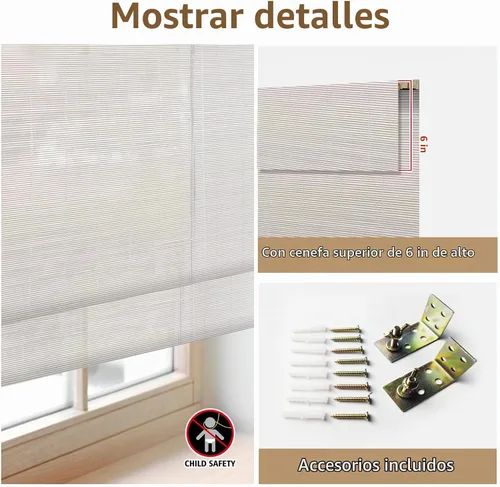 Vista 6 de Persianas de Bambú Opacas sin Cordón para Ventanas, Persianas Romanas de Filtrado de Luz con Cenefa de 6 Pulgadas de Alto, con Forro Oscurecedor
