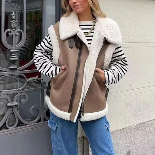 Vista 5 de APAFES Chaleco de gamuza de piel de invierno para mujer, cuello alto, sin mangas, forro polar