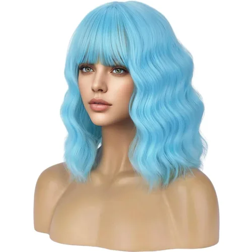 Pelucas de color azul claro para mujeres y niñas, peluca corta estilo Bob, peluca azul cielo, rizada, ondulada, con flequillo, resistente al calor,