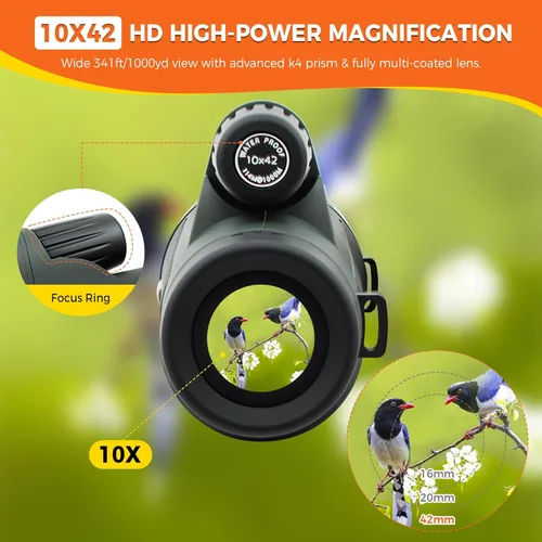 Vista 2 de Astromania Monoculares de prisma BAK4 de alta potencia de 10 x 42, impermeable, monoscopio de mano compacto para observación de aves, paisajes
