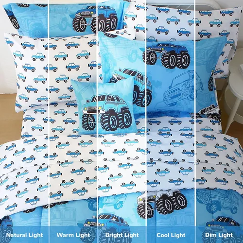 Vista 7 de Mooreeke Juego de edredón tamaño Twin para niños de 6 piezas, juego de ropa de cama azul camión para adolescentes, ropa de cama de microfibra suave