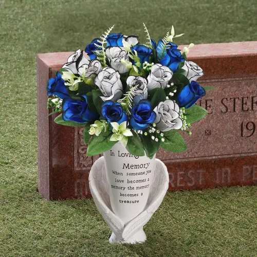 Vista 2 de U'Artlines 2 piezas de flores de cementerio artificiales con jarrón para tumba, flores de rosa de seda conmemorativas, flores de tumba al aire libre