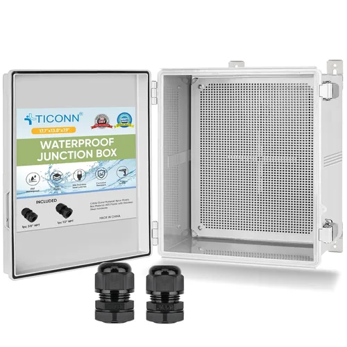 Vista 27 de TICONN - Caja de conexiones eléctricas impermeable IP67 con carcasa de plástico ABS con tapa con bisagras con placa de montaje, soportes de pared