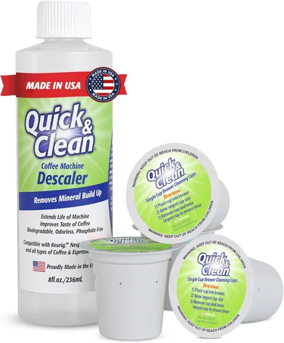 Quick & Clean Paquete de 4 tazas de limpieza con paquete descalcificador (2 usos totales) – Compatible con 2.0, solución de descalcificación para