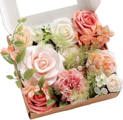 Vista 18 de Ling's moment Caja de flores falsas, tallos de vegetación artificiales artificiales, rosas de espuma, anturios, orquídea de seda, hoja de palmera