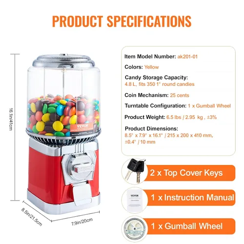 Vista 7 de VEVOR Máquina de chicles, máquina expendedora de caramelos para el hogar de 16" de altura, dispensador de chicles redondo de PC, máquina de chicles