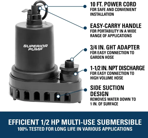 Vista 3 de Superior Pump 91570 Bomba sumergible termoplástica de utilidad de 3300 GPH, 1/2 HP con cable de 10 pies