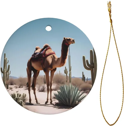 Vista 2 de Desert Cute Camel Round Ceramic Pendant with Hole and Gold Rope for Christmas and New Year Hanging Decoration at Home