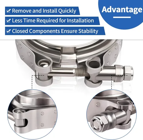 Vista 8 de 2 abrazaderas de brida de banda en V de 2.5 pulgadas, abrazadera de banda en V de escape de acero inoxidable con brida plana de liberación rápida