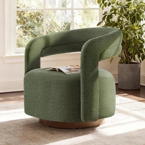 Vista 7 de Silla giratoria decorativa, silla de barril tapizada con diseño de respaldo abierto, silla moderna con base de madera para sala de estar Crema