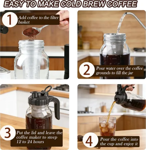 Vista 5 de Cold Brew Coffee Filter with Pour Spout Lid for 64oz/2Quart Wide Mouth Mason Jar Jug Pitcher Reusable 304 Stainless Steel Filter 100-Micron Fine