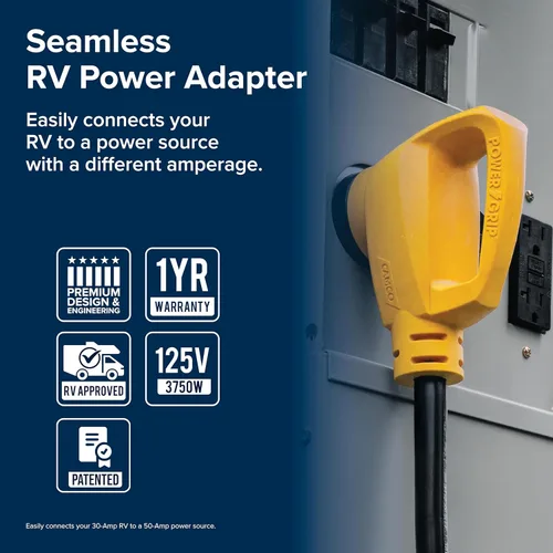 Vista 3 de Adaptador eléctrico Powergrip Dogbone 55175 de Camco, con mango, 18 pulgadas, color amarillo