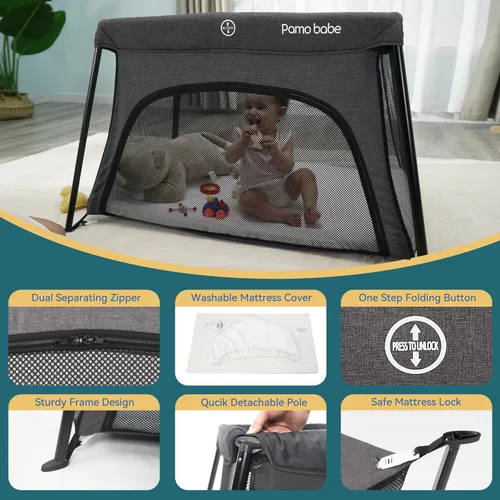 Vista 5 de Pamo Babe Cuna de viaje ligera para bebé con colchón, patio de juegos compacto con patas desmontables