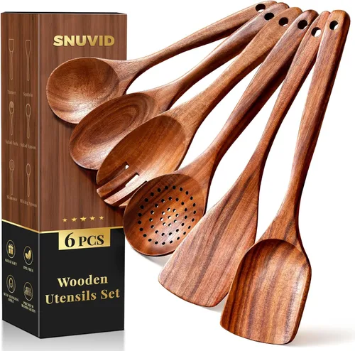 Cucharas de madera para cocinar, juego de utensilios de cocina de madera de 6 piezas para sartenes antiadherentes y utensilios de cocina, 100%