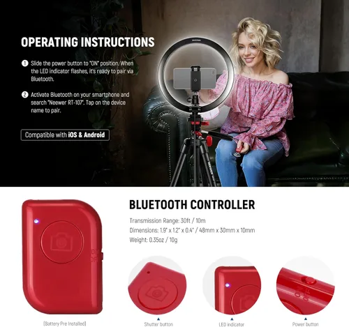 Vista 6 de NEEWER Basics - Anillo de luz para selfie de 10 pulgadas con soporte de trípode/2 soportes para teléfono compatibles con iPhone/placa QR
