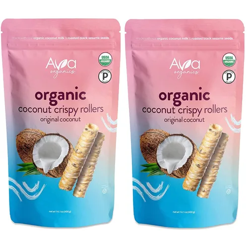 Vista 9 de Rodillos crujientes de canela y coco (bolsas de 2.8 onzas) Ava Organics - Sin gluten, sin OGM, kosher, vegetariano y certificado paleo, chips