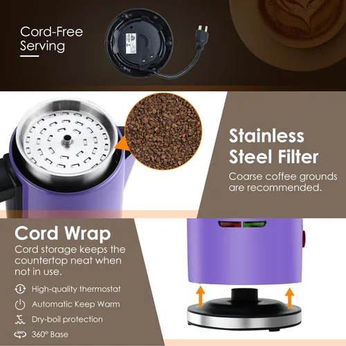 Vista 5 de HOMOKUS Percolador de café eléctrico de 12 tazas Percolator Cafetera de acero inoxidable con perilla transparente, mango de tacto frío, función