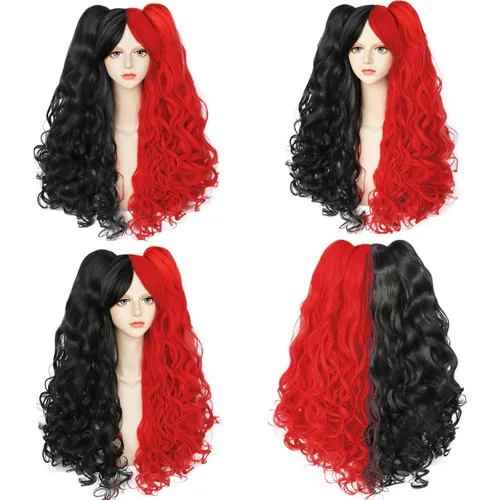 Vista 6 de ANOGOL Gorro de pelo + peluca roja y negra con 2 colas de caballo rizadas, peluca larga y rizada roja para mujer, pelucas de cosplay negras