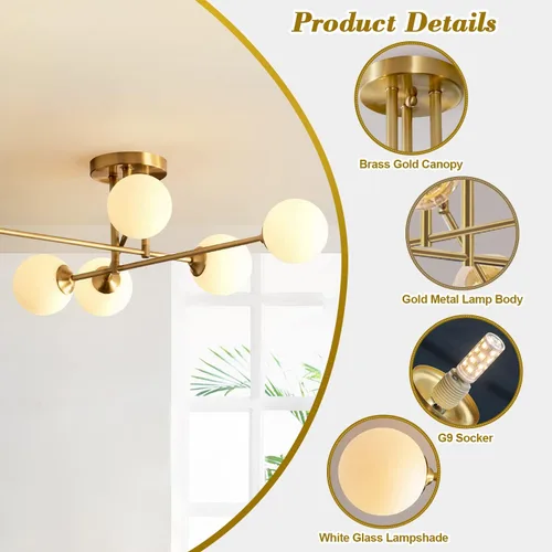 Vista 3 de Moderna lámpara de araña Sputnik de globo, lámpara de techo de montaje empotrado, estilo mitad del siglo, 6 luces, latón cepillado dorado, lámpara