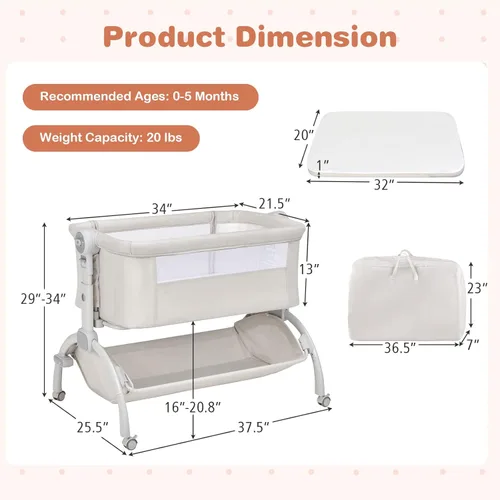 Vista 8 de BABY JOY Cuna de bebé, Cuna mecedora 3 en 1 con cesta de almacenamiento, diseño de doble bloqueo, 7 alturas ajustables, colchón suave y bolsa