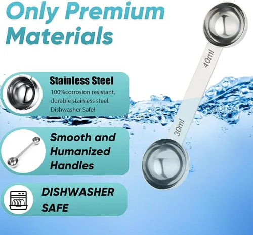 Vista 6 de Cucharas medidoras de acero inoxidable con cucharada medidora de 1.0 fl oz y 1.4 fl oz, cuchara medidora de metal de doble cara para seco o líquido