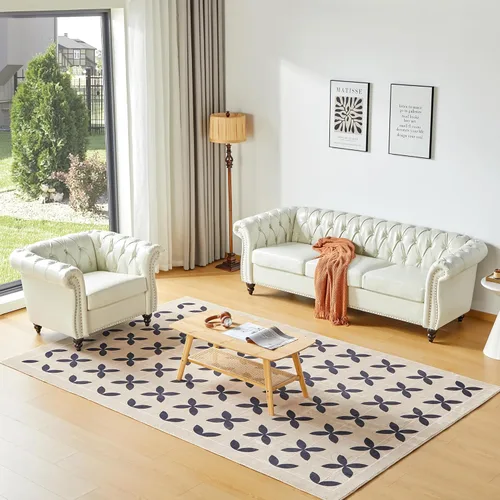 Vista 44 de Juego de 2 piezas para sala de estar, sofá Chesterfield de cuero con reposabrazos enrollados y tachuelas para sala de estar, oficina (negro)