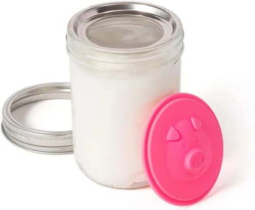 Vista 4 de Jarware Tapa de tarro Mason de silicona para ahorrar grasa de tocino con colador, boca ancha