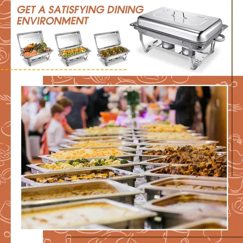 Vista 5 de Juego de 8 platos de bufé de 9 cuartos de galón rectangulares de acero inoxidable con marco plegable, bandeja de agua, bandeja para alimentos