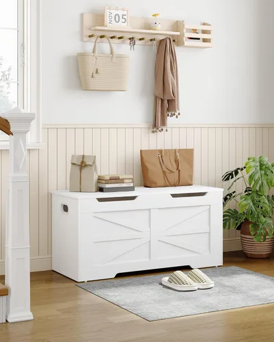 Vista 2 de Baúl de almacenamiento de 39.4 pulgadas, baúl de almacenamiento extragrande con 2 bisagras, banco de caja de madera, baúl organizador con tapa