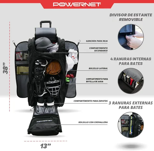 Vista 3 de PowerNet Optimus - Bolsa de receptor, bolsa de equipo rodante para todos los equipos de béisbol y sóftbol, 7 fundas internas para bate