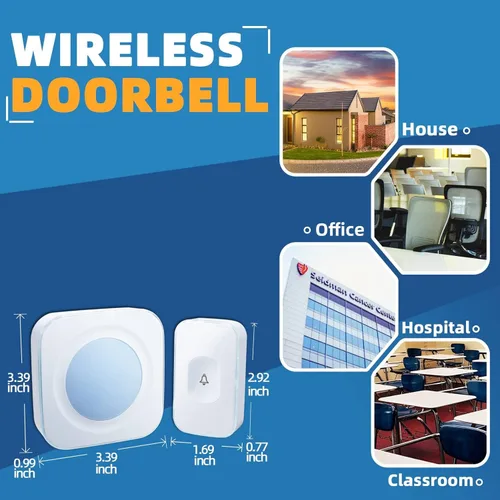 Vista 8 de Timbre inalámbrico de puerta de 1200 pies para el hogar con luz intermitente para discapacidad auditiva, 1 botón de batería y 3 receptores