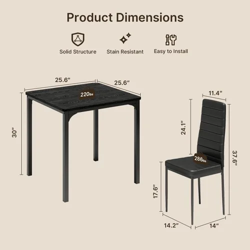 Vista 4 de Gizoon Mesa de Cocina para 2, Juego de Mesa y Sillas de 2, Juego de Mesa de Cena de 3 Piezas con 2 Sillas Tapizadas de PU para Comedor, Sala de Negro