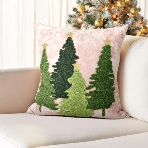 Vista 7 de Fundas de almohada con diseño de árbol de Navidad de 18 x 18 pulgadas, fundas de almohada bordadas, almohadas navideñas decorativas para el hogar