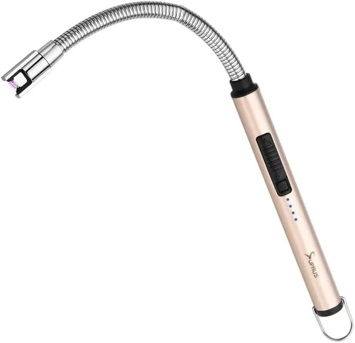 Encendedor de velas eléctrico SUPRUS USB tipo C recargable, con carcasa de acero y gancho para colgar con cuello flexible de 360° (Oro)