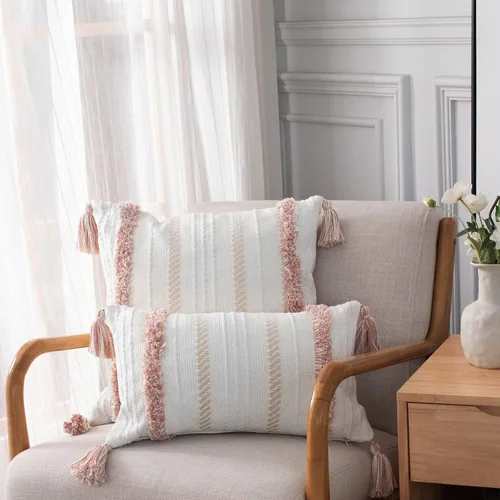 Vista 2 de Fundas de Almohadas Decorativas Boho con Mechones para Sofá Cama, Funda de Almohada Lumbar Pequeña de 12 x 20 Pulgadas, Funda de Almohada de Acento