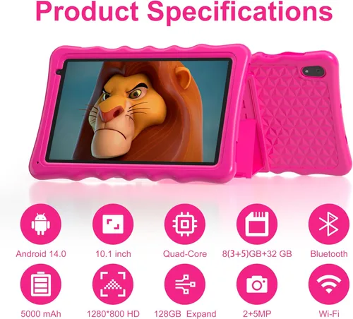 Vista 6 de BYYBUO Tablet para niños, tablet de 10.1 pulgadas Android 13 para niños, 2 GB RAM 64 GB ROM 5000 mAh batería, tabletas para niños pequeños