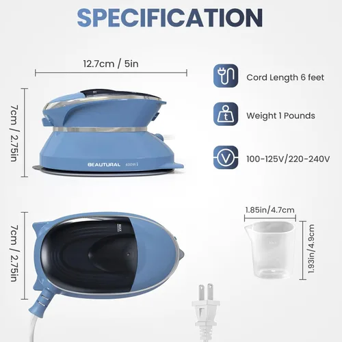 Vista 7 de BEAUTURAL Mini plancha de vapor de viaje para ropa con doble voltaje, suela antiadherente, tecnología de una temperatura, tanque de agua
