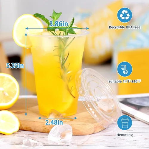 Vista 2 de TashiBox vasos de plástico con tapas [20 oz 100 vasos y 100 tapas planas], vasos desechables de plástico transparente de cristal, vasos para batidos
