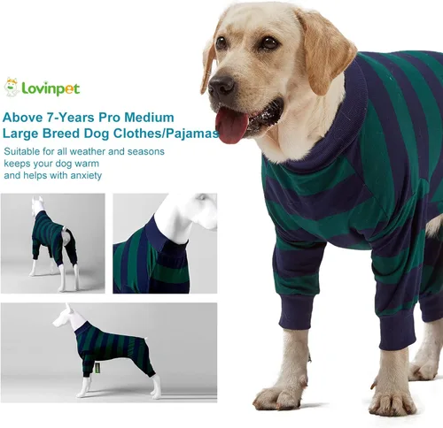 Vista 8 de LovinPet Pijama grande para perro, mameluco ligero y elástico para perro, pijama para mascotas, camisa de perro con estampado de rayas verdes