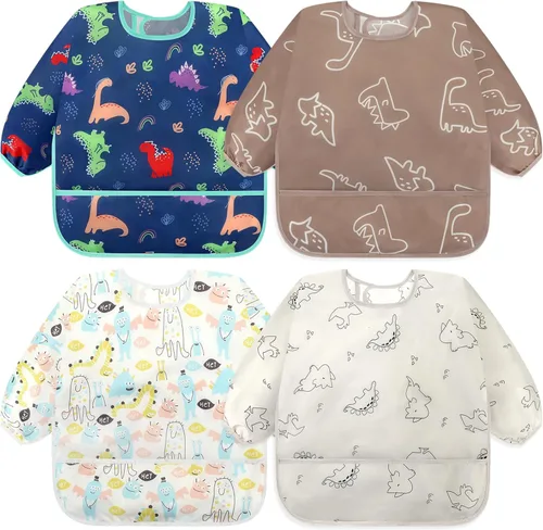 Accmor 4 Pack Long Sleeve Bibs, Baby Smock Waterproof Sleeved Bib Smock for Baby Toddler 6-36 Months