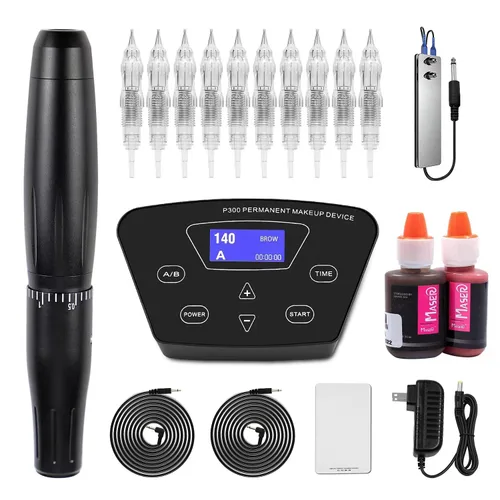 Kit de máquina de tatuaje de maquillaje permanente-BIOAMSER P300 Kit de maquillaje permanente con pedal de pie, control táctil, fuente de