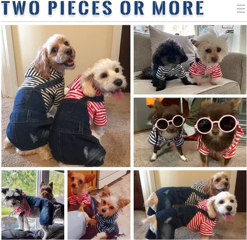 Vista 6 de Ropa con capucha para perro pequeño, camisas de rayas lindas, mono de mezclilla de una pieza, atuendo para perros pequeños, medianos, gatos, niño