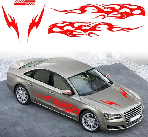 Vista 9 de RUIANTE 6 piezas de calcomanías con diseño de llama para coche, calcomanías laterales para la carrocería, puertas y techo, pegatinas largas