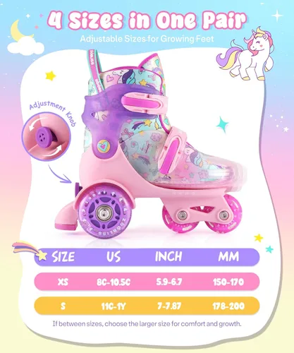 Vista 7 de Patines para niños (unicornio arcoíris, S) + juego de equipo de protección con aspecto de cuero iridiscente con bolsa con cordón (S)