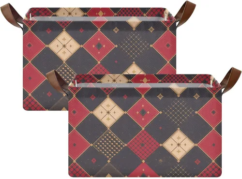 Vista 2 de Argyle Red Gold Decorative Shelf Baskets Foldable Organizer Bins with Handles Boxes Cube Organizer for Shelves Closet Toys Books 2 Pack