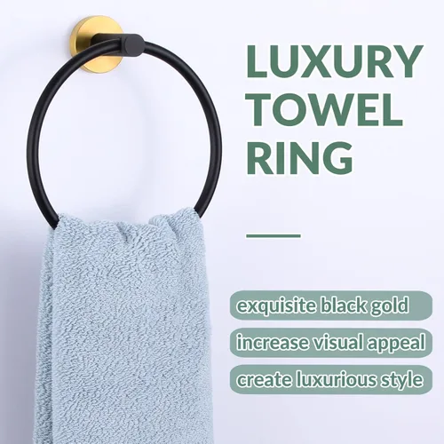 Vista 2 de APLusee Anillo de toalla de oro negro para pared de baño, soporte de toalla de mano de acero inoxidable, montado en la pared
