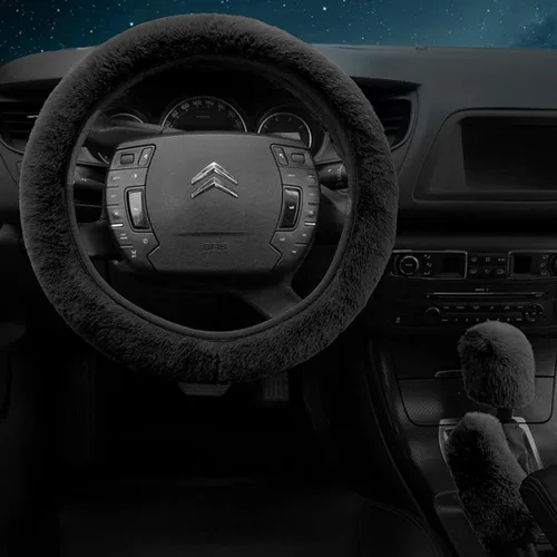 Vista 3 de Juego de 7 piezas de accesorios estéticos para interior de coche, funda de volante esponjosa de 15 pulgadas, almohadilla para el reposabrazos, funda