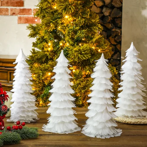 Vista 3 de Liliful Árbol de Navidad de plumas blancas con puntas de purpurina de 12 pulgadas, árbol de Navidad, decoración de mesa, centros de mesa