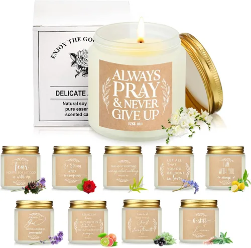 Vista 9 de Lewtemi 10 frascos de regalo cristiano para el Día de la Madre, vela perfumada de oración católica a granel, 3.5 onzas, versículo bíblico de fe